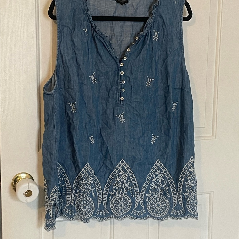 Talbots Blue Embroidered Sleeveless Blouse